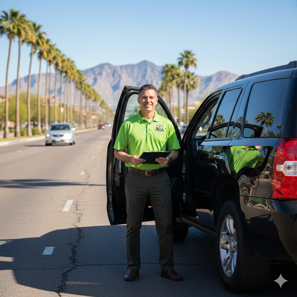 A delivery man is standing in front of a delivery van.