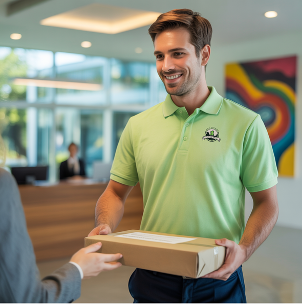 Delievery driver wearing a lime green polo delivering a package at an office