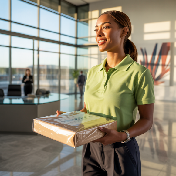 A woman is giving a box to an office,