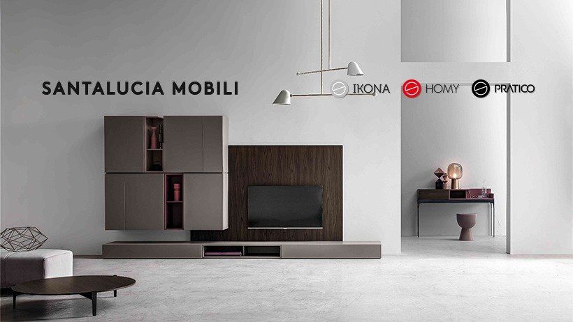 parete attrezzata con pensili color tortora e pannello in legno