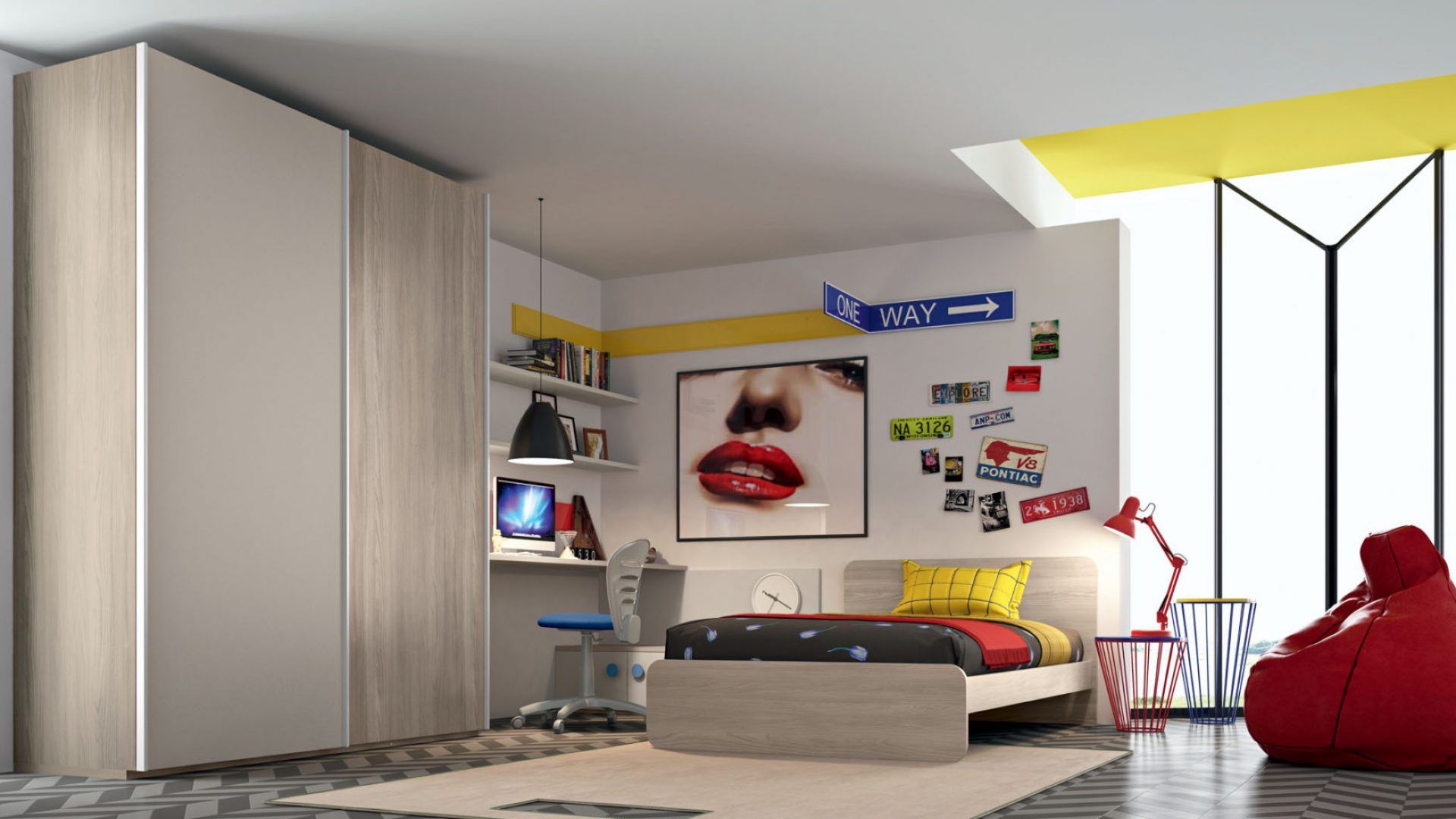 cameretta con arredi rossi, gialli e neutri