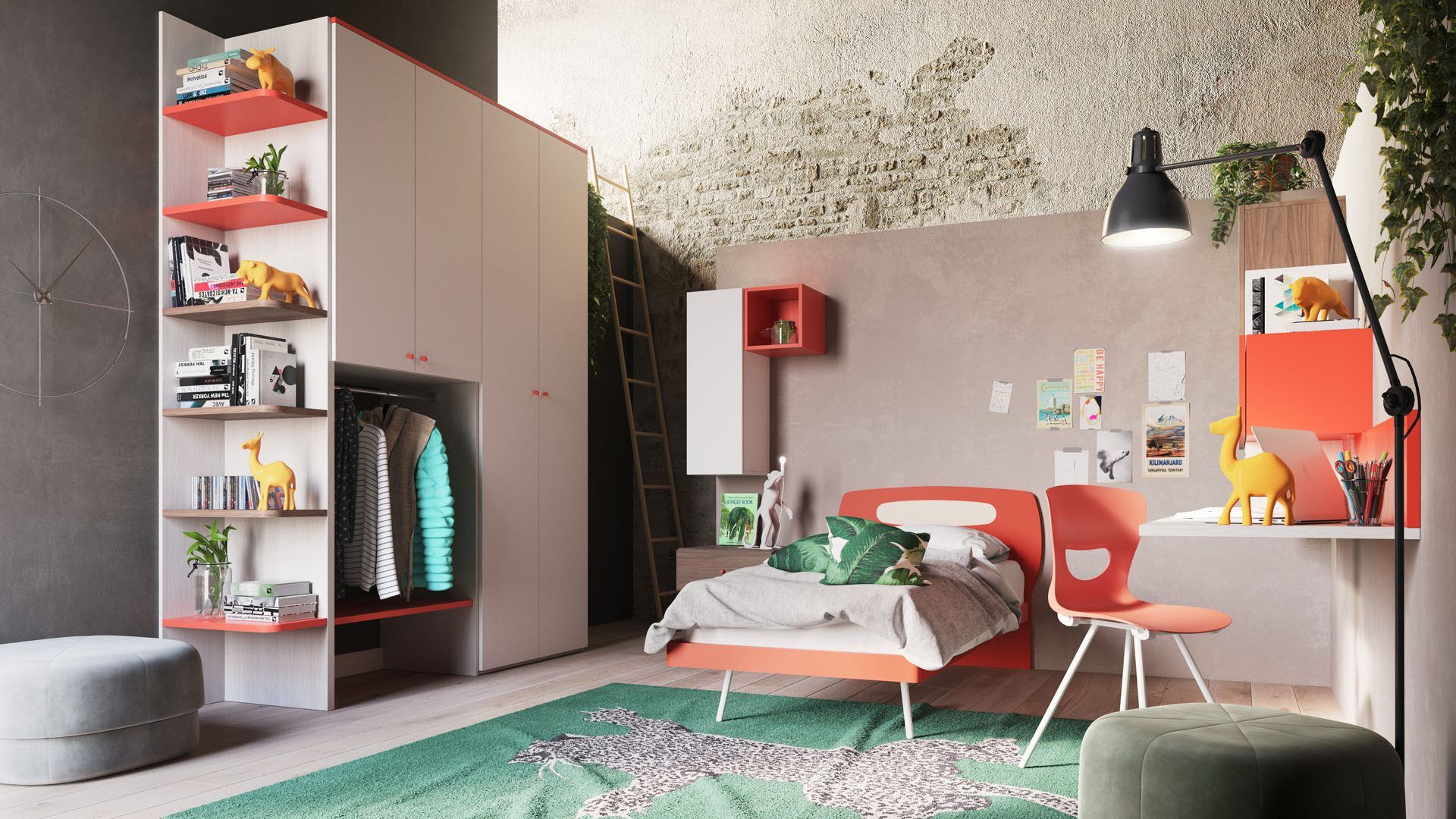 cameretta con arredi arancioni e verdi