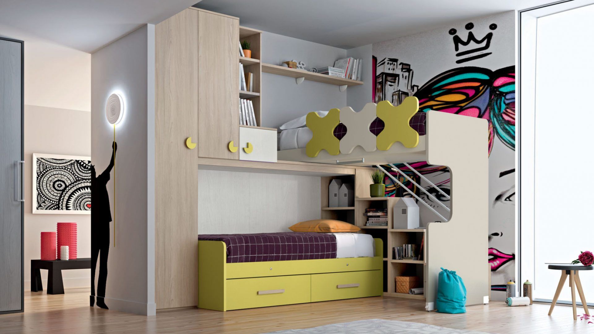 cameretta con letto a castello e soppalco