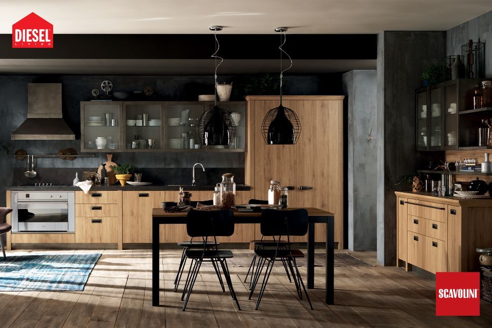 cucina in stile industriale con mobili in legno