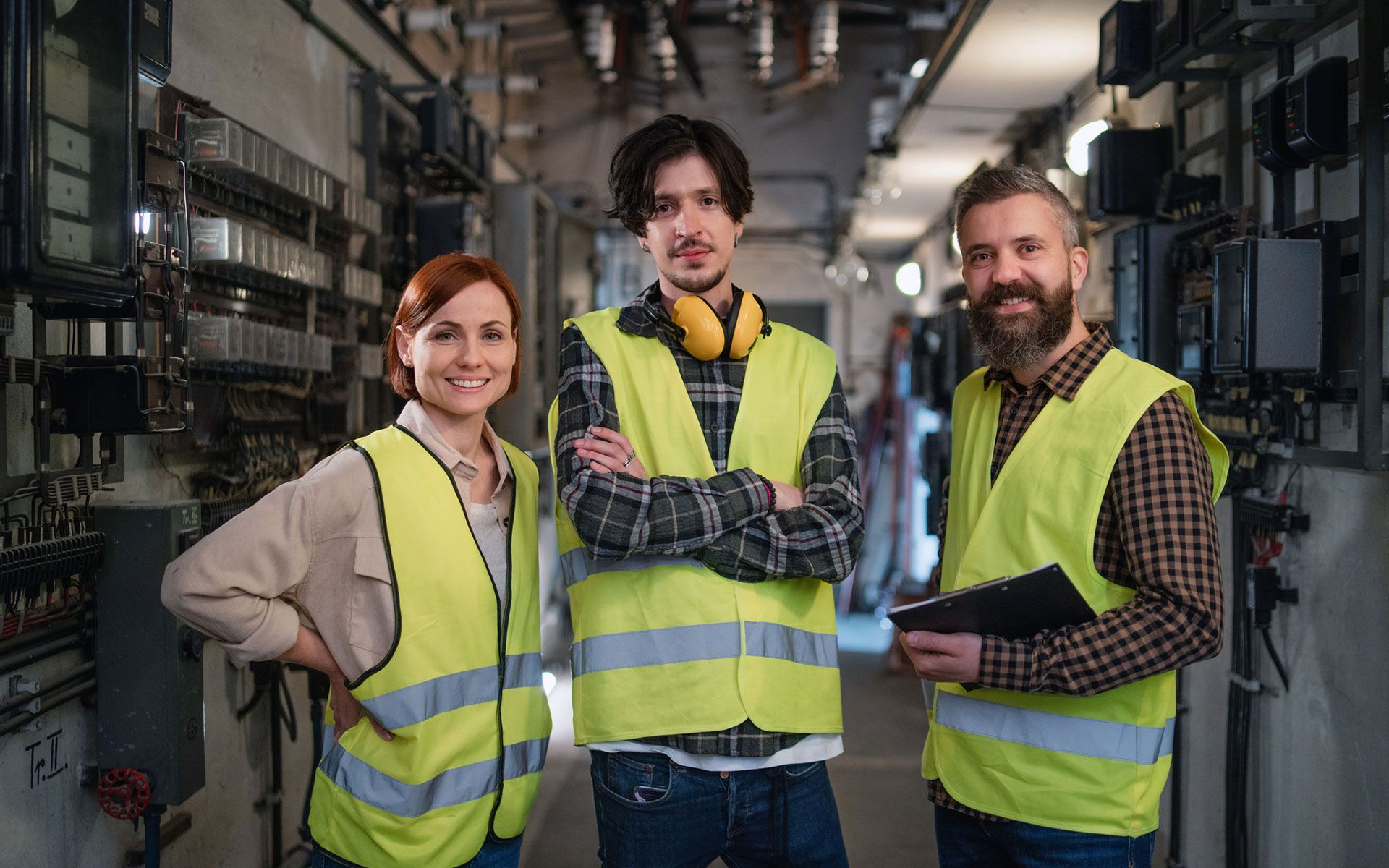 A group of construction workers are posing for a picture in a factory.