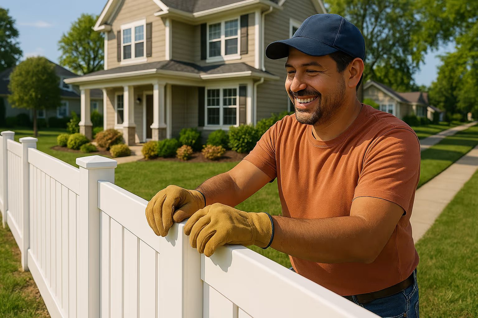 Man with work gloves leans on a white fence, smiling at a house in a sunny neighborhood.