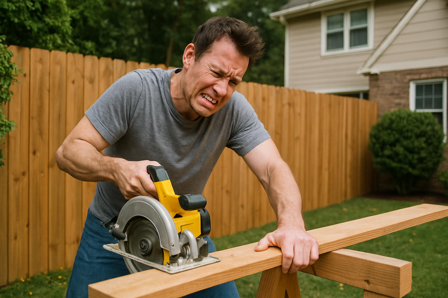 Man using a circular saw to cut a wooden plank outdoors, appearing strained. 