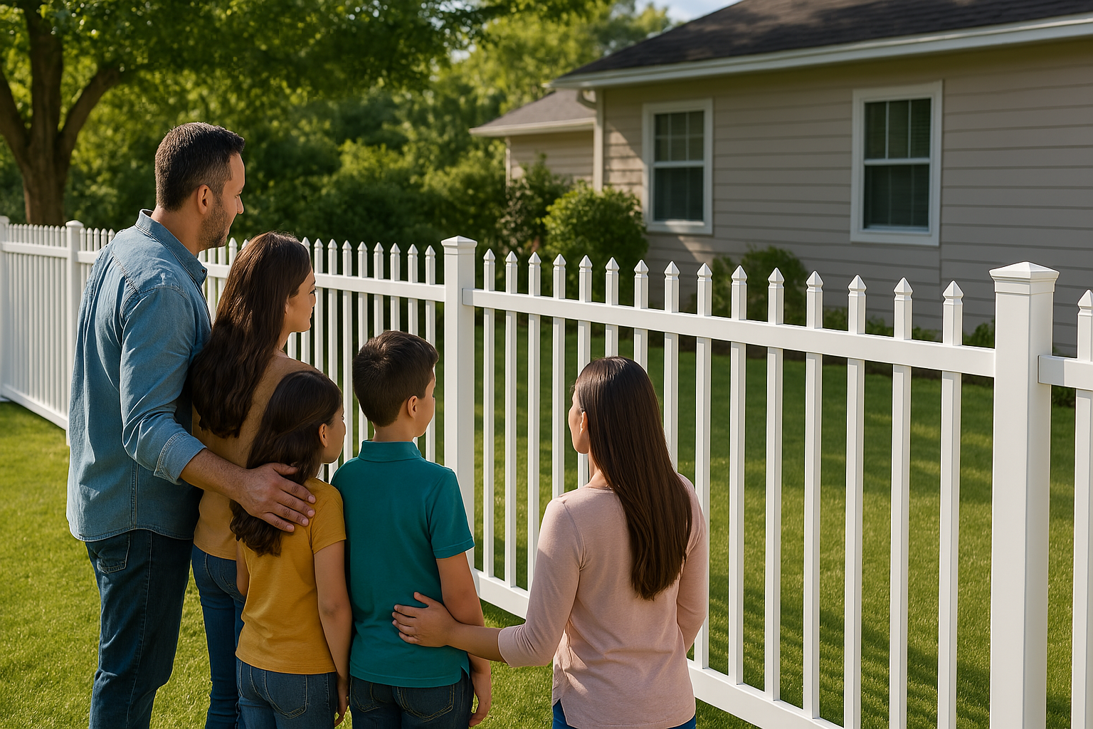 Family of five looking at a house through a white picket fence.