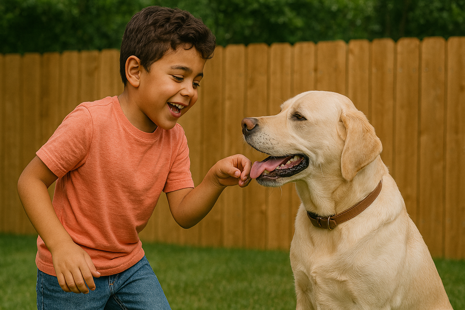 Boy in orange shirt giving a treat to a yellow Labrador in a backyard.