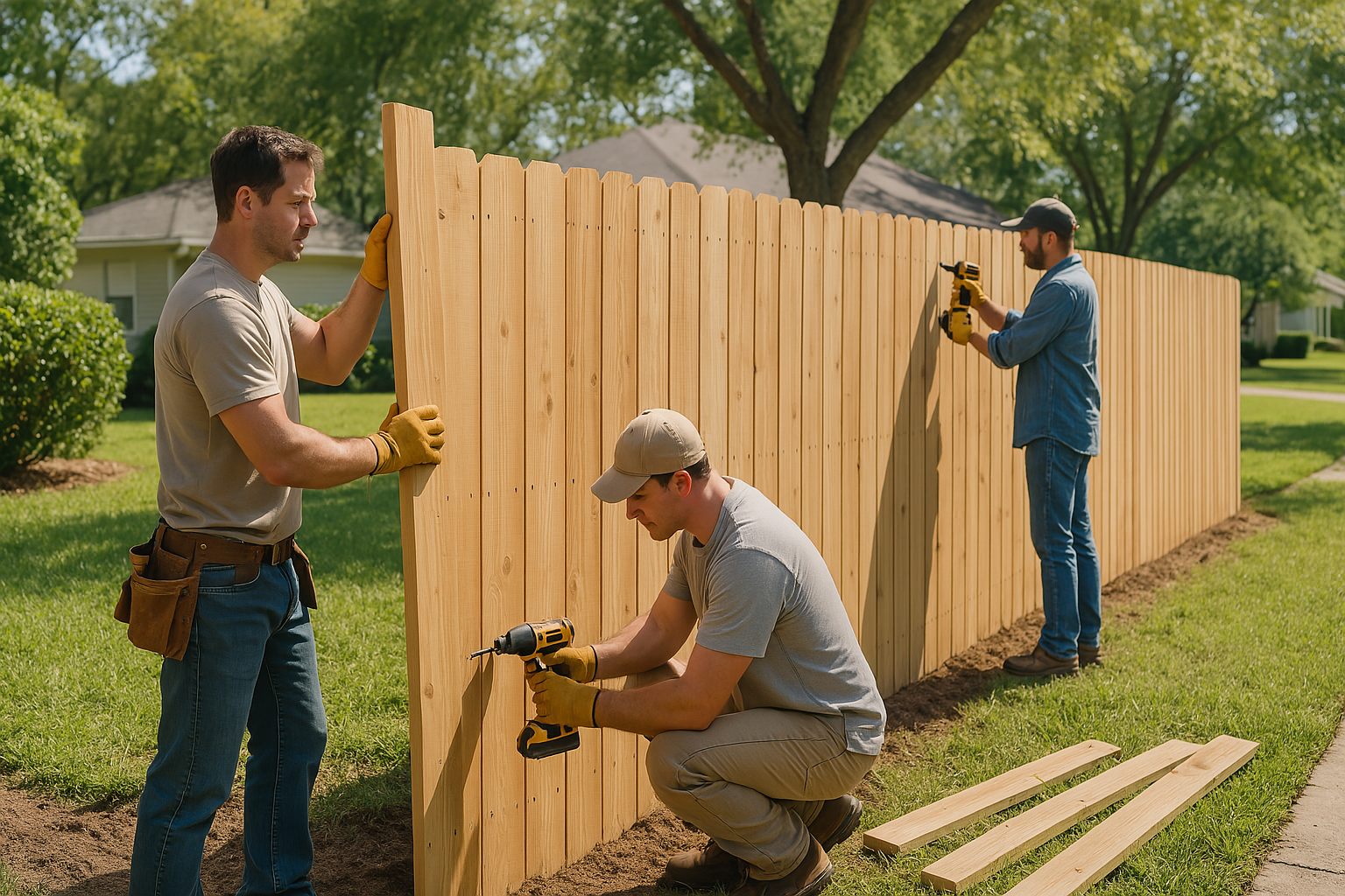 Three men building a wooden fence in a suburban yard. 