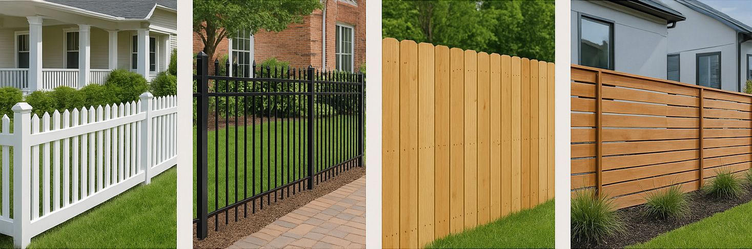 Four different styles of residential fencing: white picket, black metal rod, vertical wood, and horizontal wood.