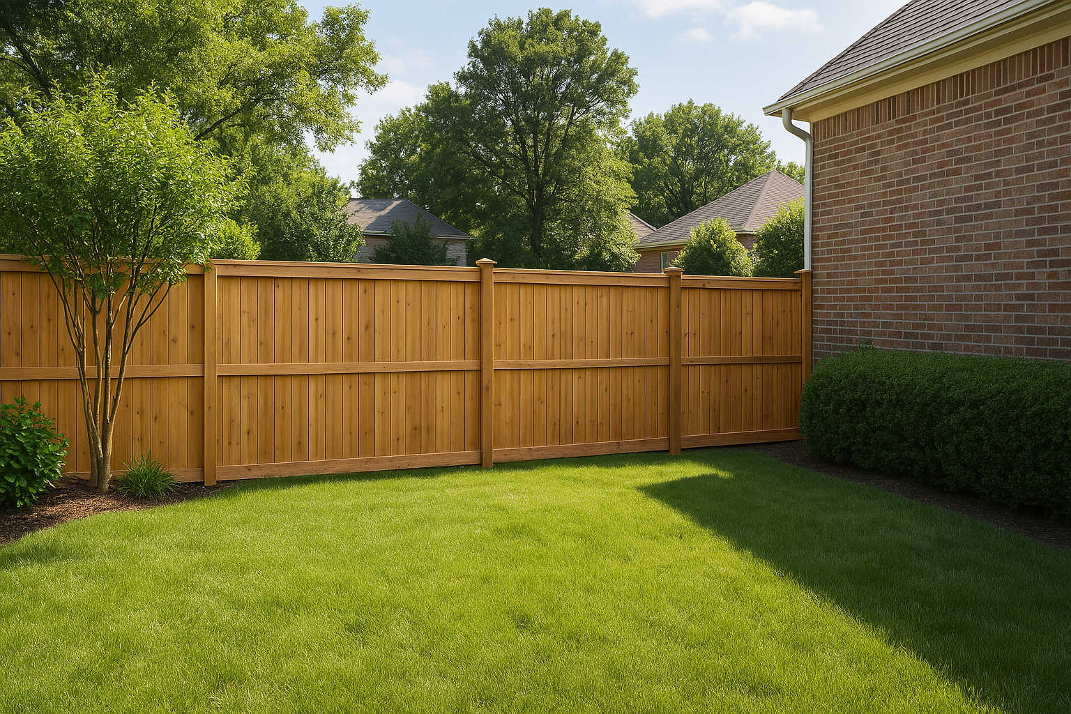Wooden fence surrounding a green lawn in a backyard. 