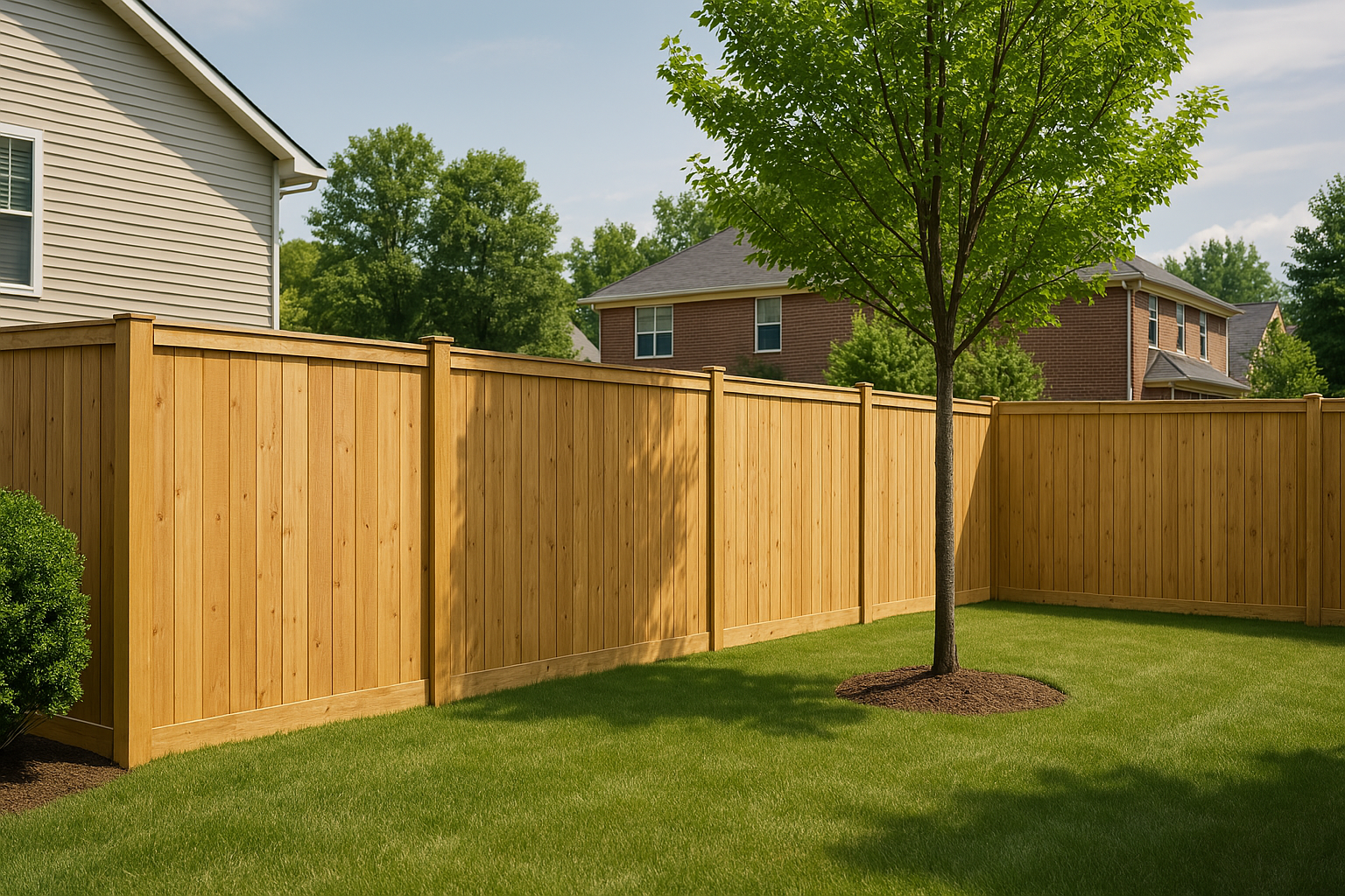 Wooden privacy fence surrounding a green lawn, with a tree and houses.
