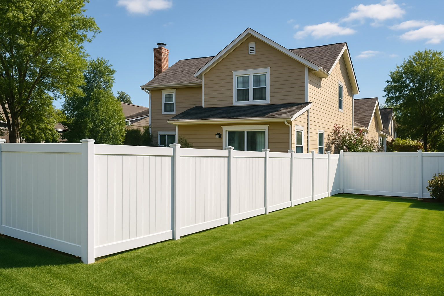 White vinyl fence surrounding a grassy backyard with a beige house in the background.