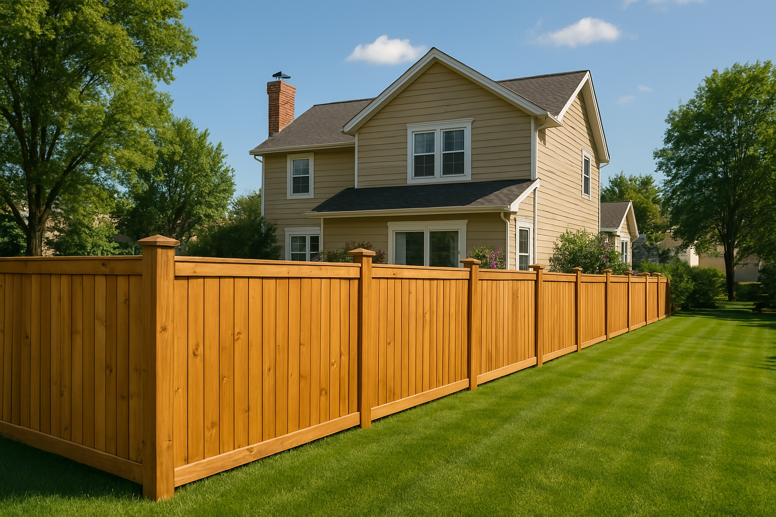 Wooden fence encloses a grassy backyard with a two-story beige house on a sunny day.