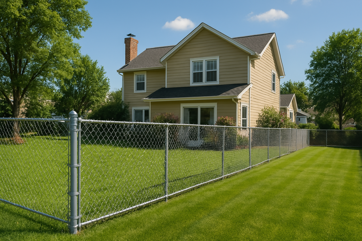 Two-story yellow house behind a chain-link fence in a grassy yard under a blue sky. Two-story yellow house behind a chain-link fence in a grassy yard under a blue sky.