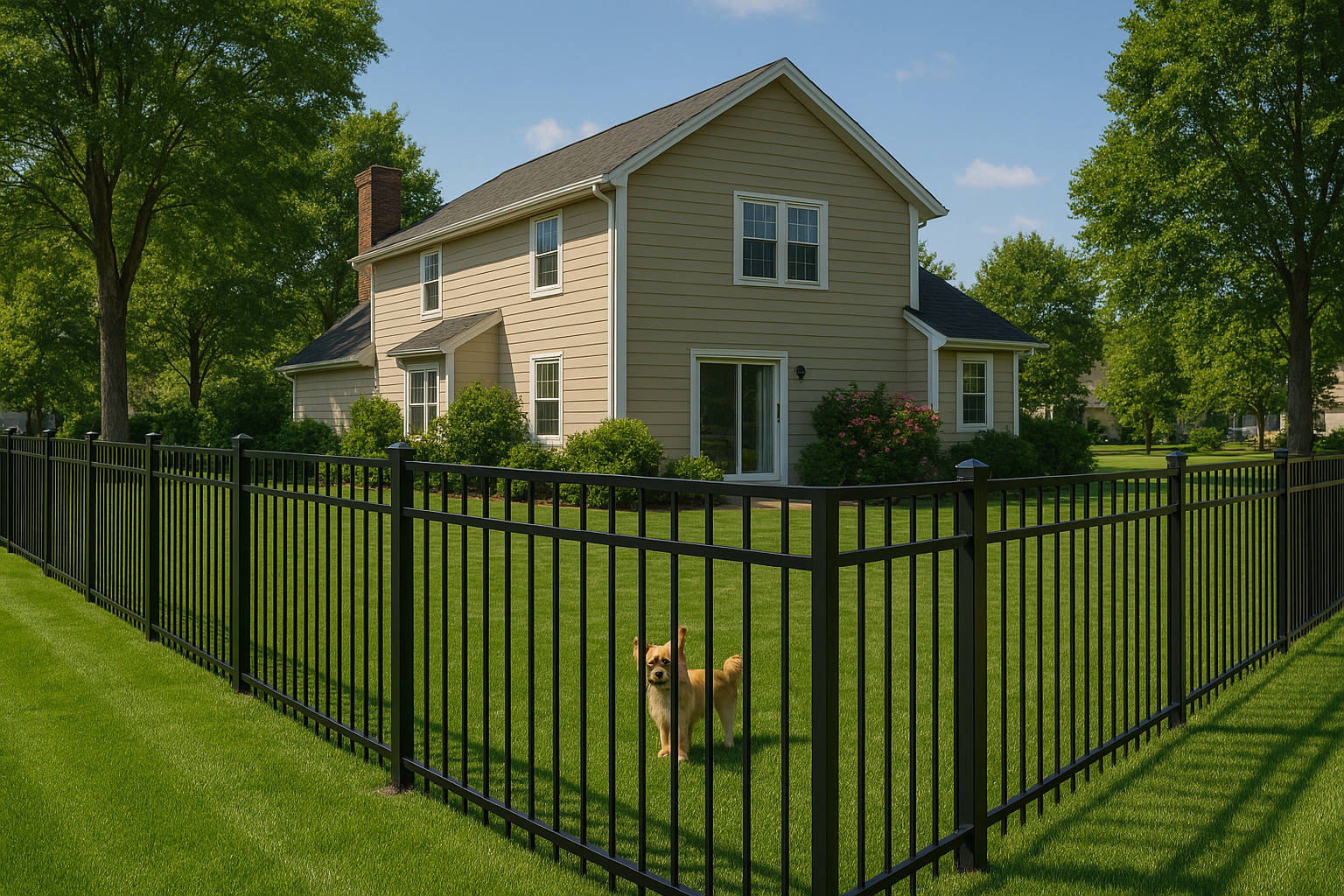 A two-story house with a black fence surrounding the green lawn. 