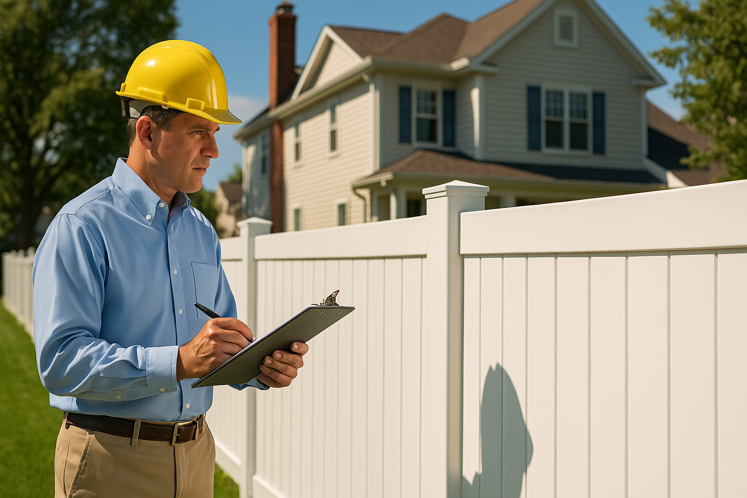 A home inspector wearing a yellow hard hat and blue shirt inspects a white fence.