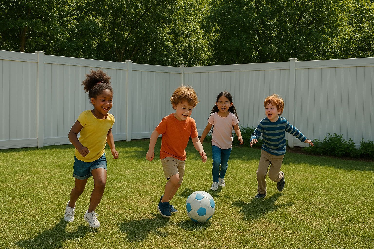 Four diverse children playing soccer in a grassy backyard enclosed by a white fence.