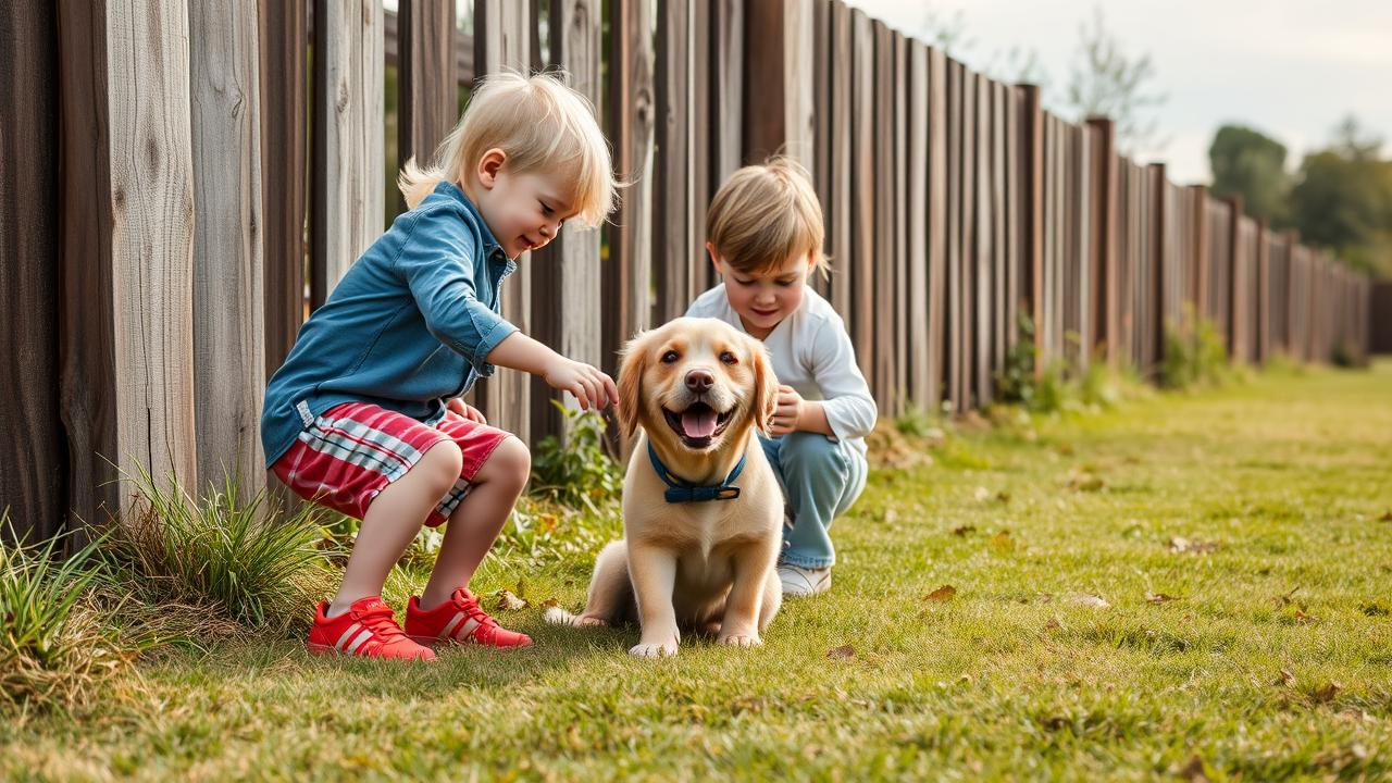 Two young children petting a happy golden Labrador puppy in a grassy yard next to a wooden fence.