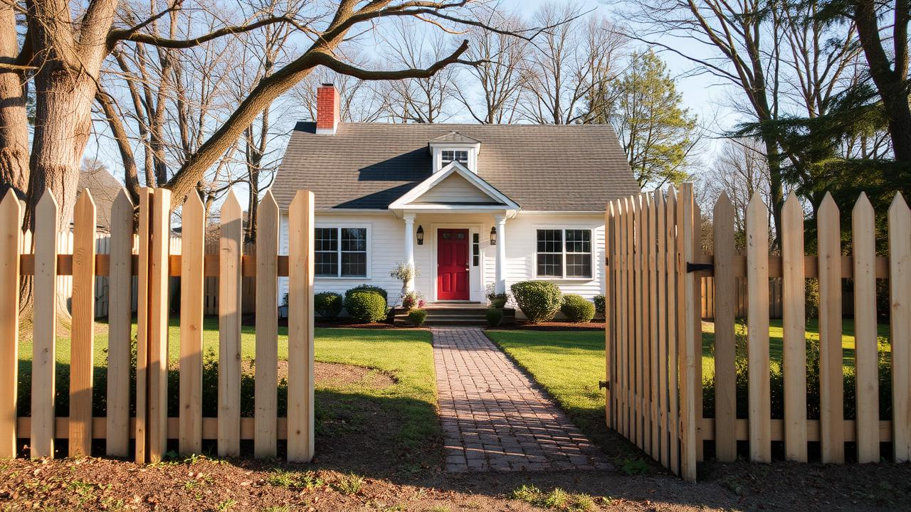 A white house with a red door, framed by a wooden picket fence and a brick walkway.