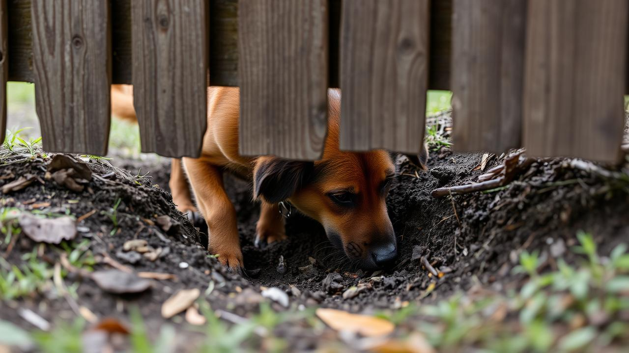 Brown dog digging in dirt, partially obscured by a wooden fence.