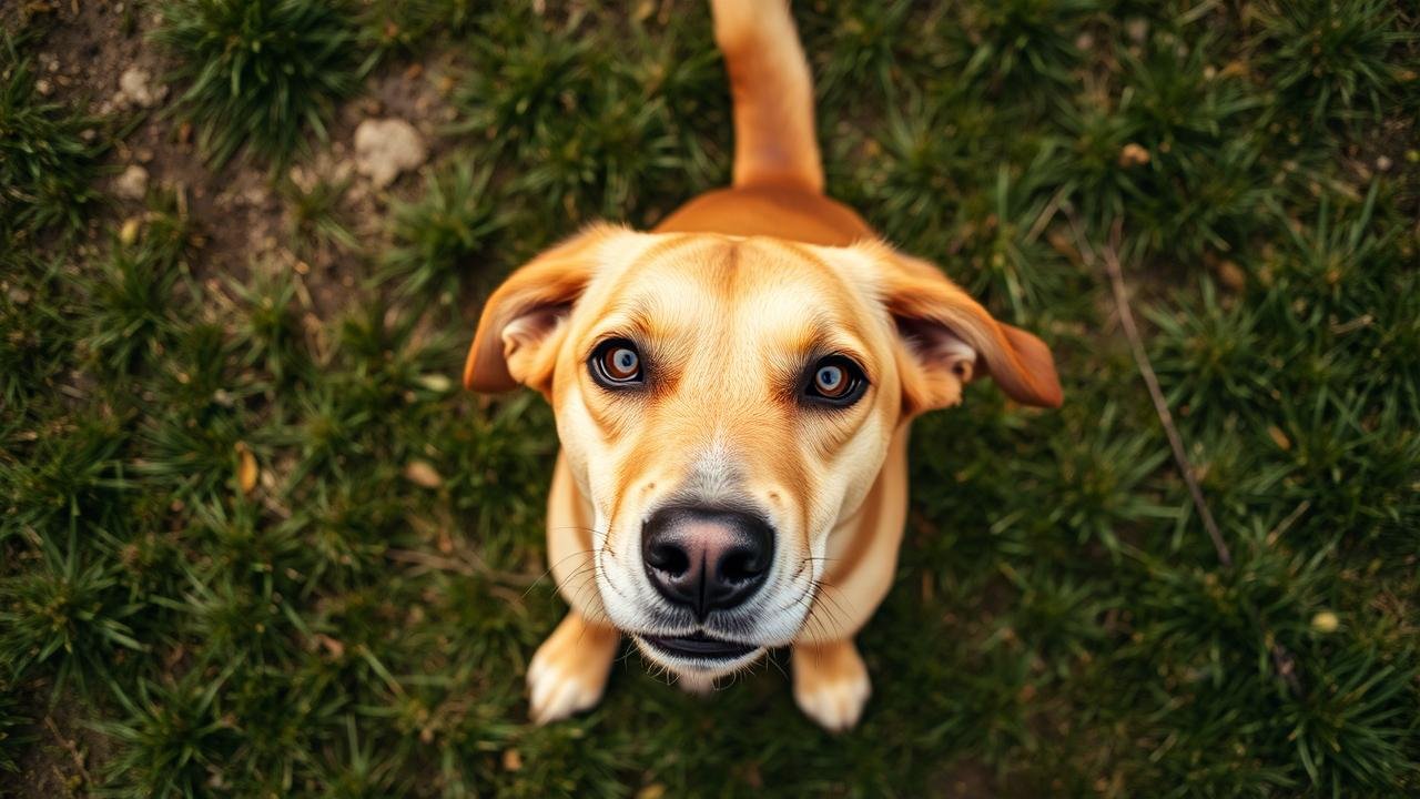 Golden-brown dog looking up with a sweet expression, sitting on green grass.