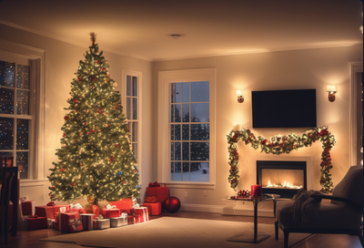 A softly lit living room adorned with twinkling Christmas lights and decorations.