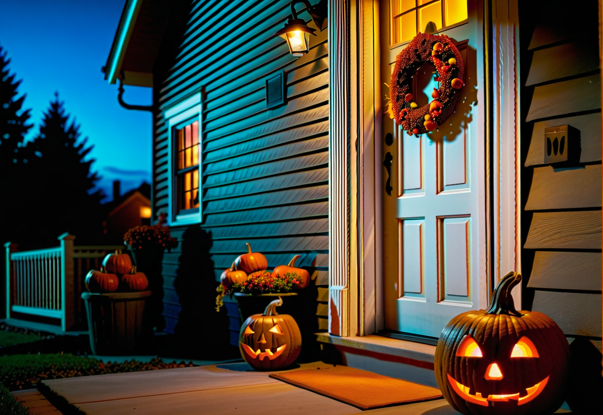 Well-lit front porch with a Halloween-themed decoration: a carved pumpkin with a warm, inviting glow