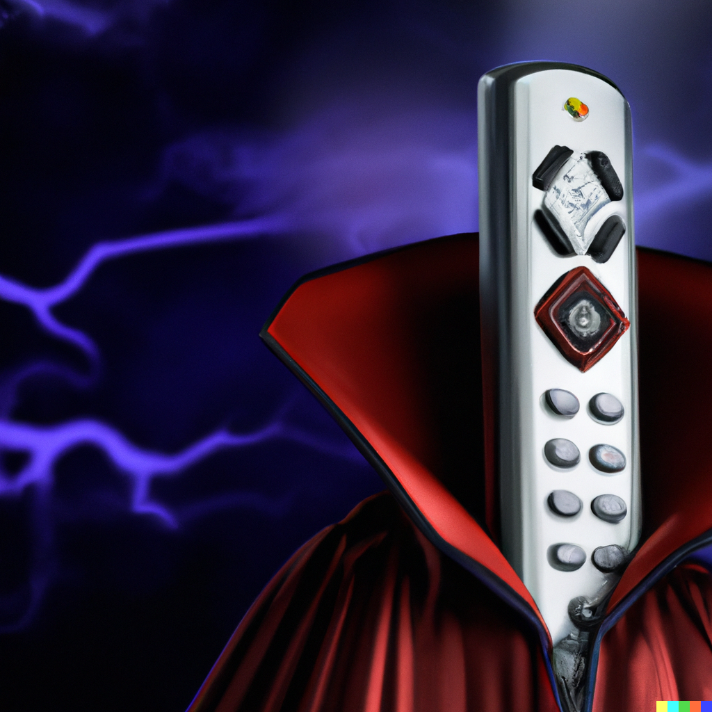 Scary non-smart remote control in a Dracula cape