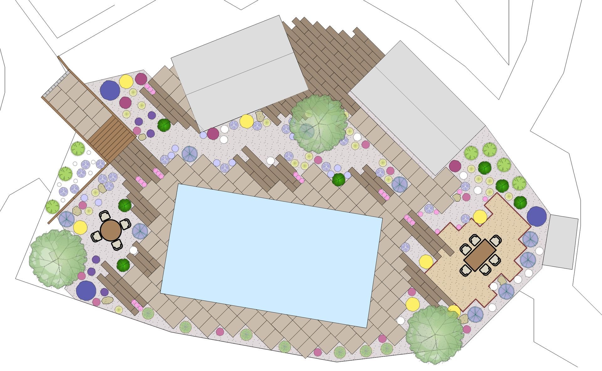 Overhead view of a backyard plan with a pool, patio, two cabanas, landscaping, and seating areas.