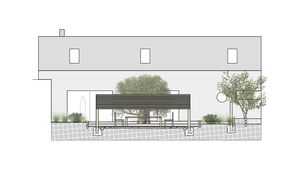 Elevation view of a modern house with a courtyard featuring a large tree, seating, and landscaping.