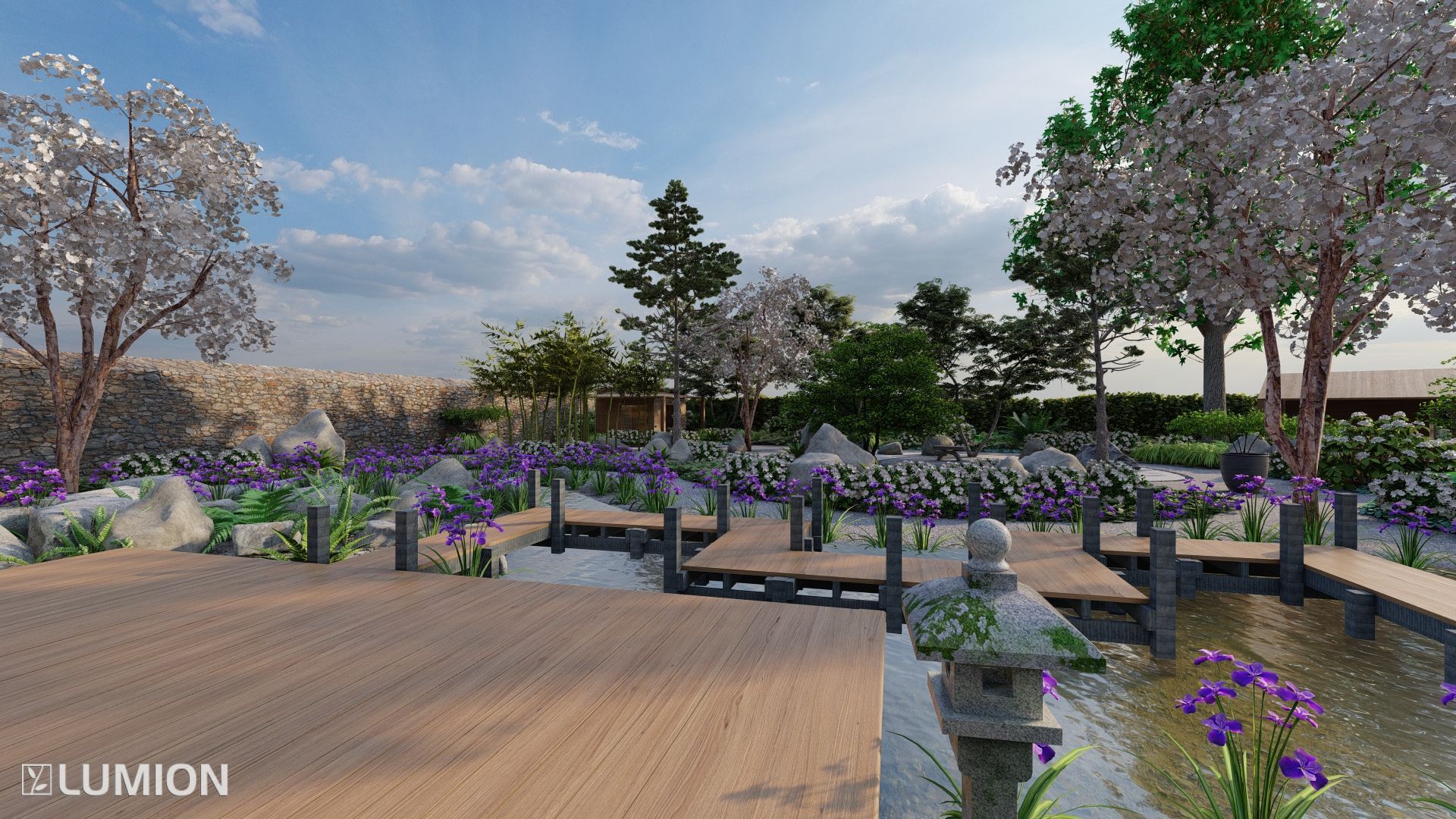 Japanese garden with wooden walkways, pond, flowering trees, and stone lanterns.