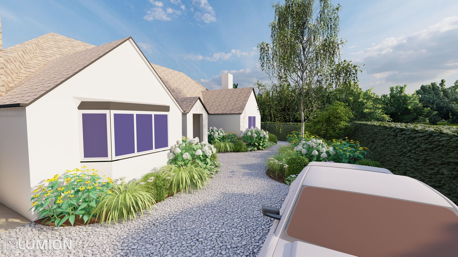 White house with gray gravel driveway, lush garden, and parked car on a sunny day.