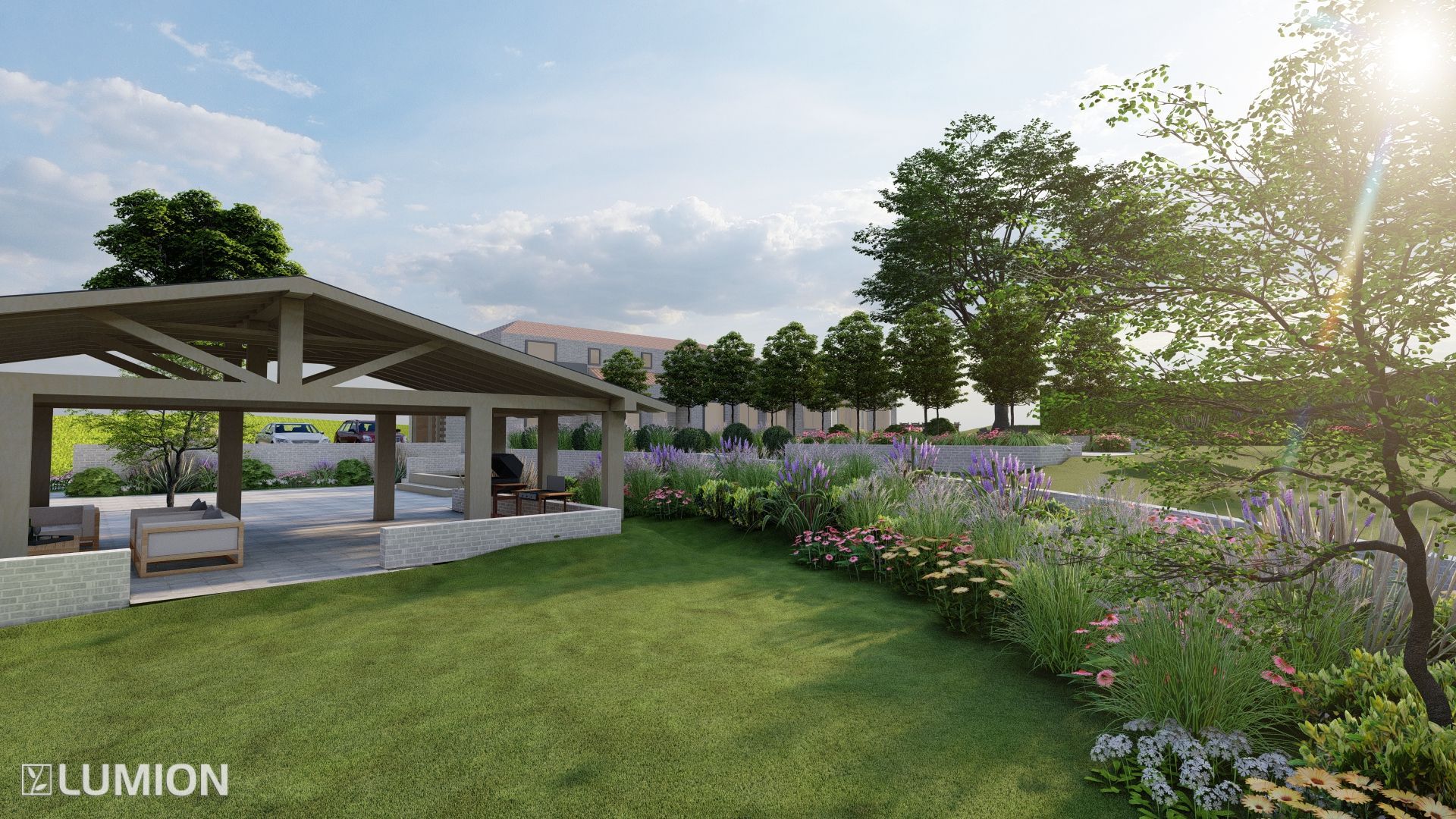 Lush garden with pergola, lawn, flower bed, and trees under a sunny sky.