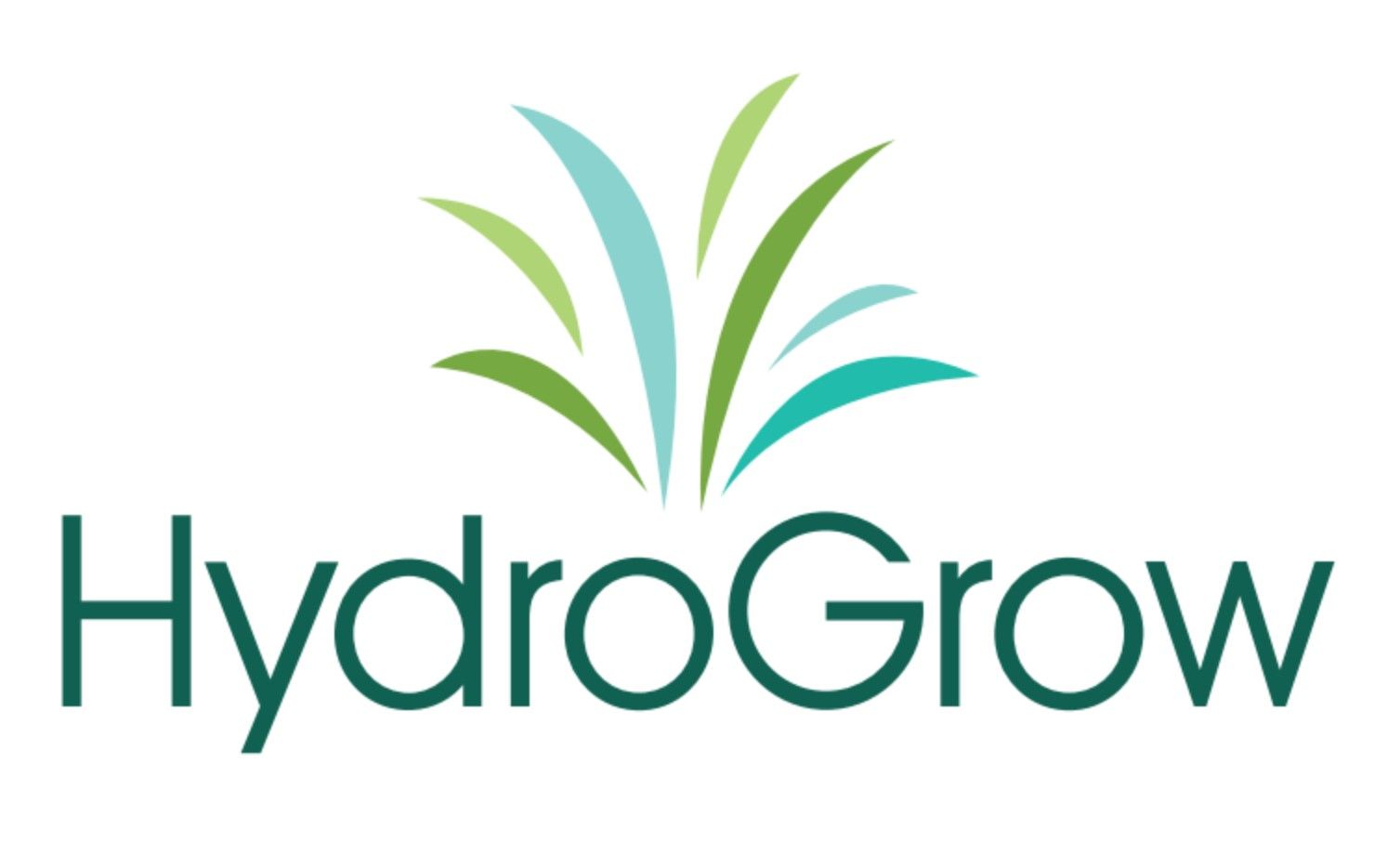 HydroGrow logo with abstract green and blue plant design above the teal text 