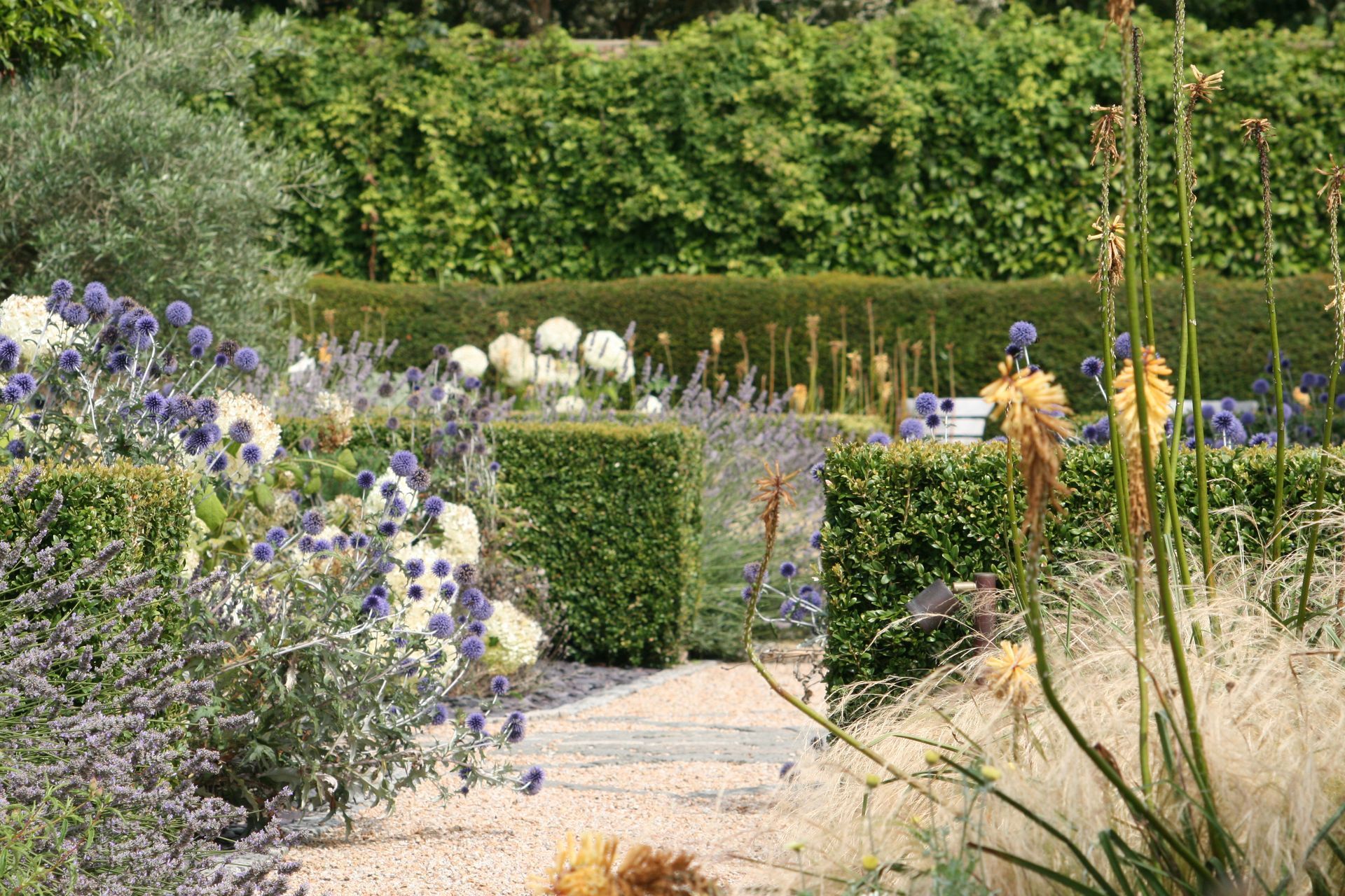 Formal garden with hedges, flowers, and a gravel path. Green and blue hues.