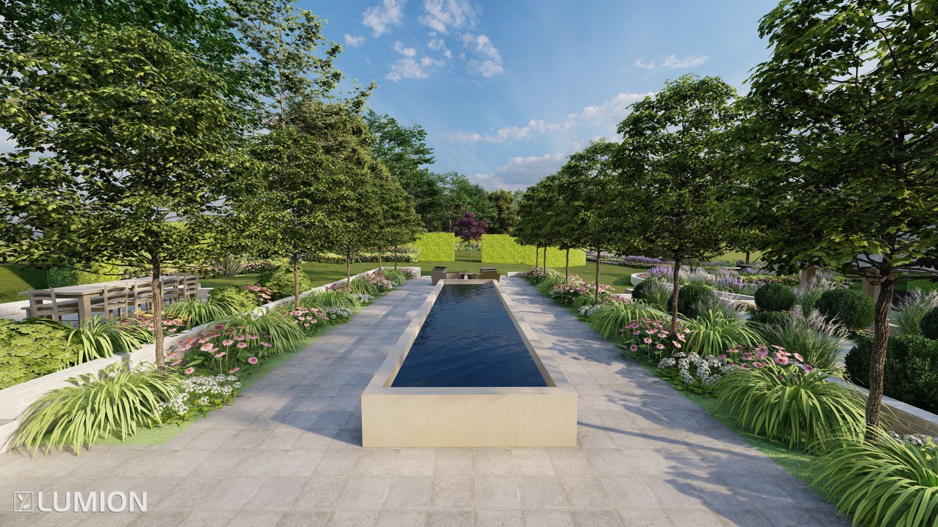 A serene garden with a long reflecting pool, bordered by flowerbeds and trees, under a blue sky.