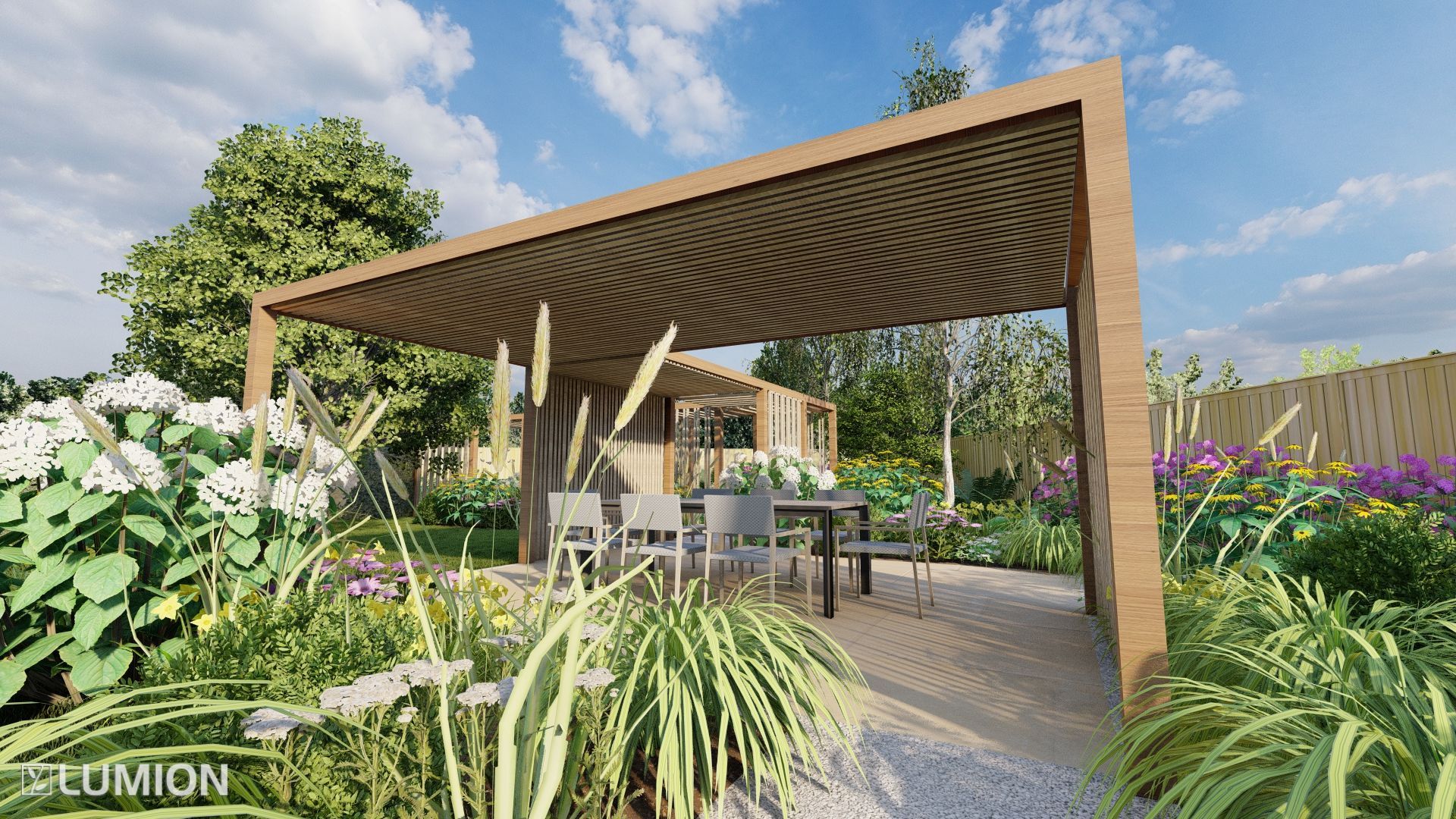 Outdoor dining area with wooden pergola, table, chairs, and garden with flowers.