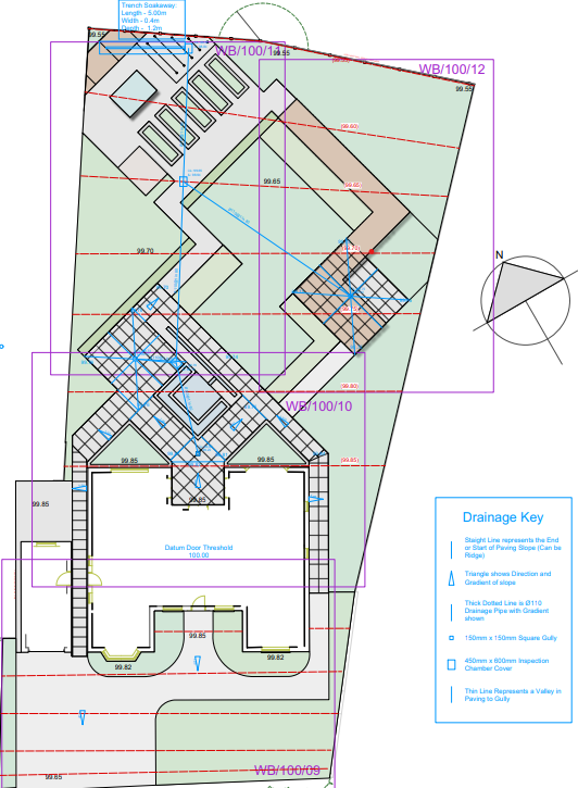 Top-down site plan with building and landscape elements: gardens, paths, and a structure. Blue and green dominate.