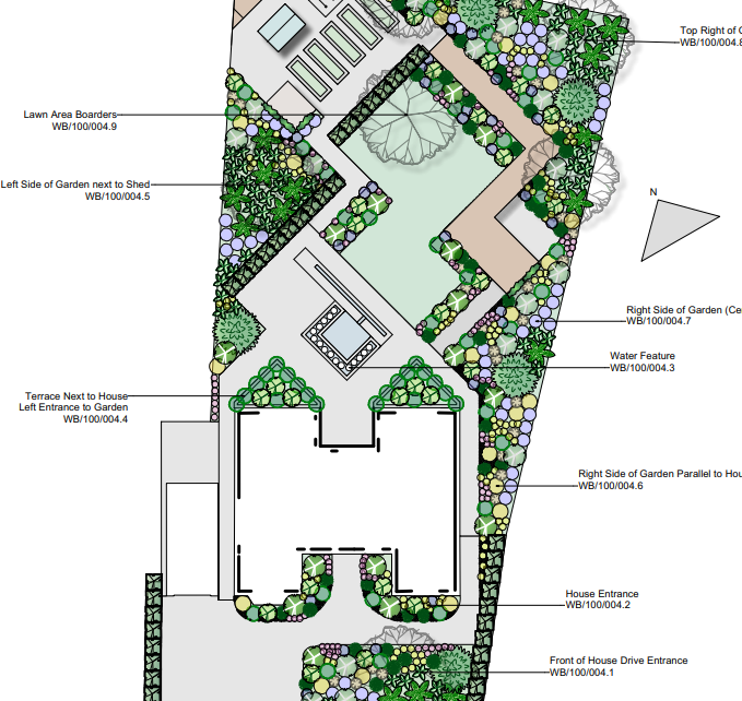 Top-down landscape plan of a house, patio, and garden with paths, plants, and water feature; includes labels.