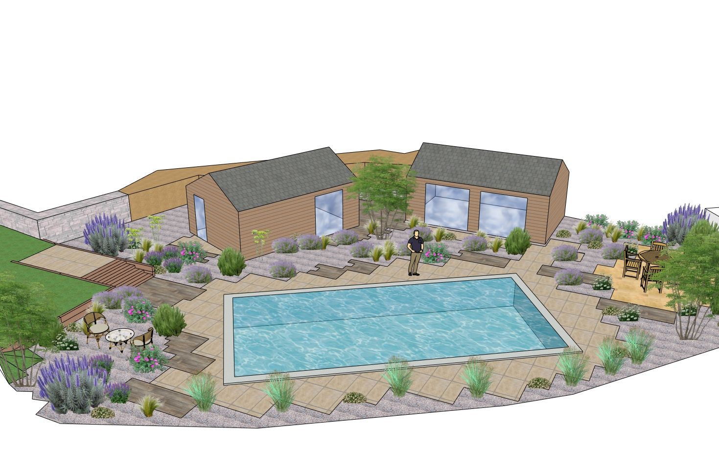 Architectural rendering of a house with a pool, landscaping, and a playground in a desert-like setting.