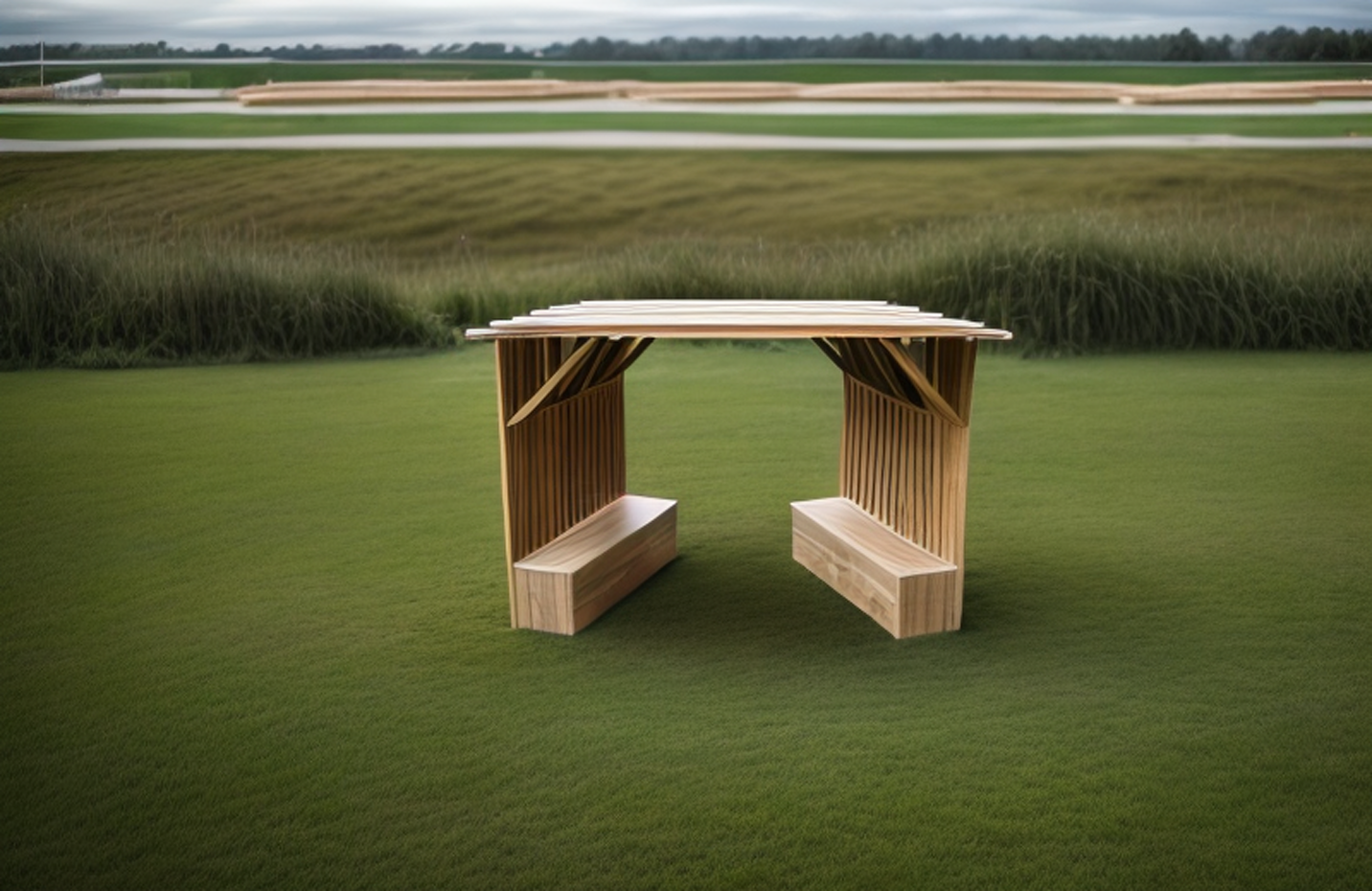 Wooden shelter with built-in benches on green grass, golf course in background.