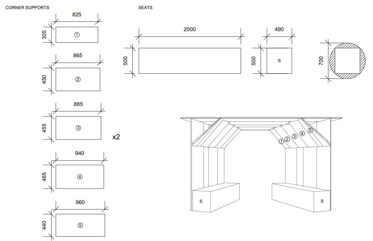 Architectural drawing: detailed dimensions of a structure's components, plus an assembly diagram.