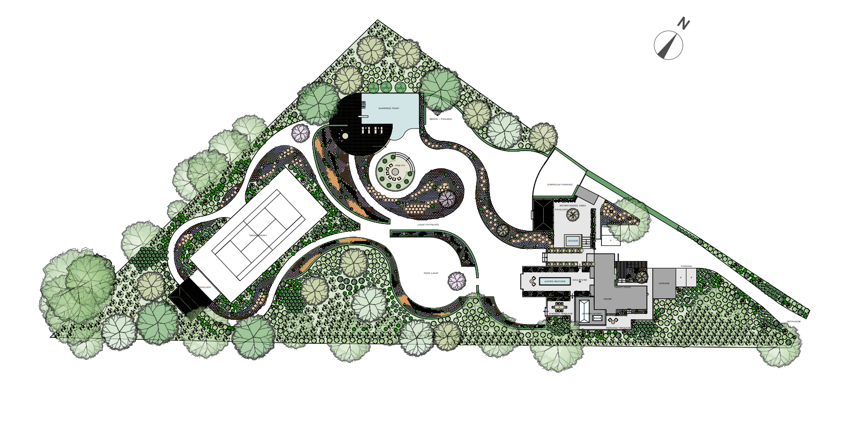 Architectural plan of a triangular property with a house, tennis court, and landscaping.