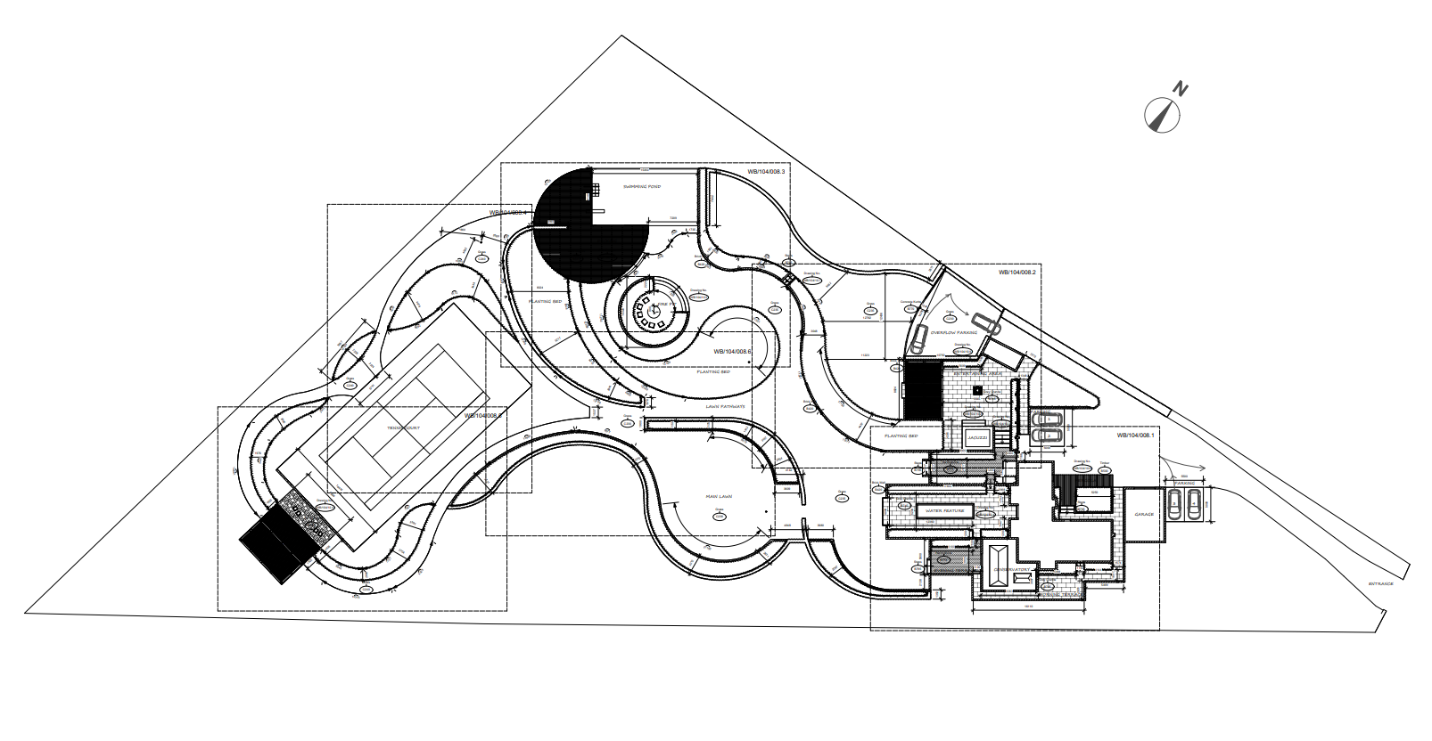 Architectural floor plan of a modern building and landscaped grounds, with curving paths and various structures.