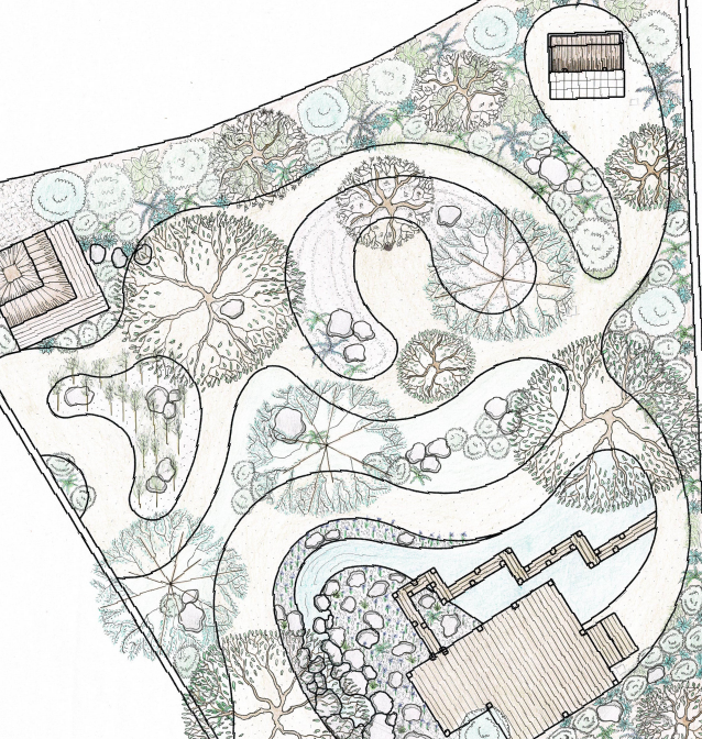 Garden plan with winding paths, trees, water features, and two small structures.