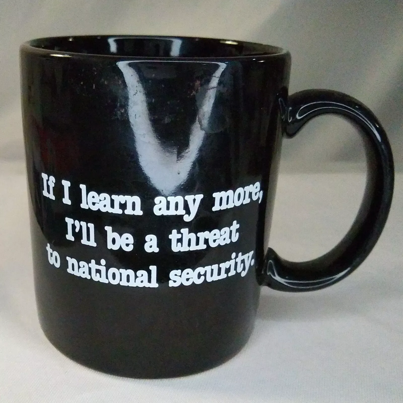 mug that says If I learn any more, I'll be a threat to national security. 
