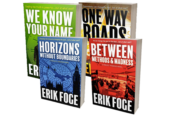 Four books by erik foge are stacked on top of each other on a white background.