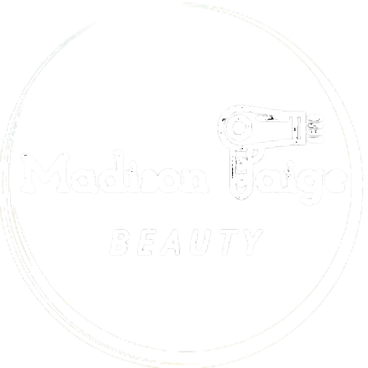 Madison Paige Beauty A black and white drawing of a hair dryer in a circle.